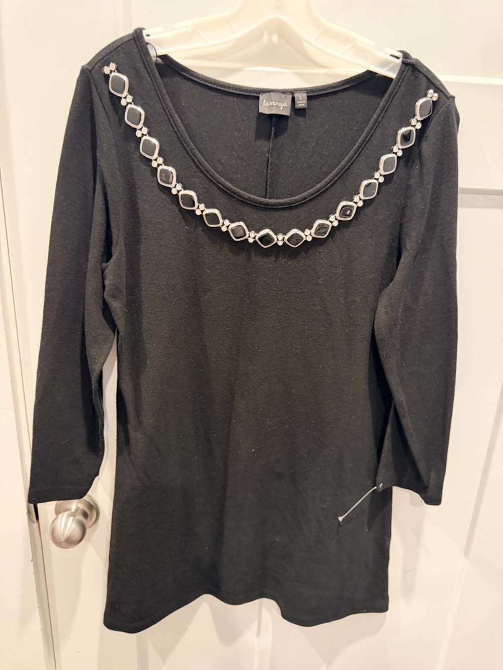 Lavanya Black Embellished Top Large 3/4 Sleeve Stretch Rhinestone Neckline